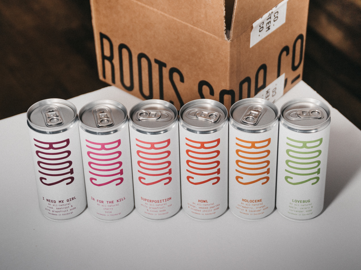 Roots Soda Co.'s six flavours with box